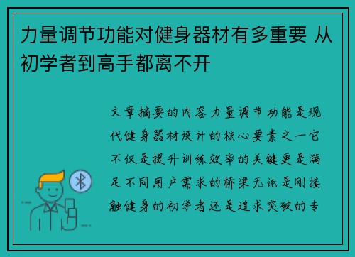 力量调节功能对健身器材有多重要 从初学者到高手都离不开