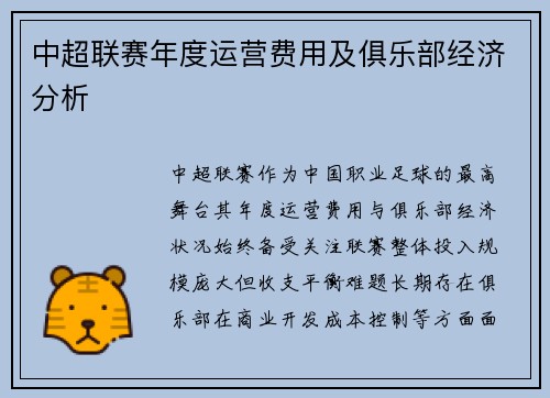 中超联赛年度运营费用及俱乐部经济分析